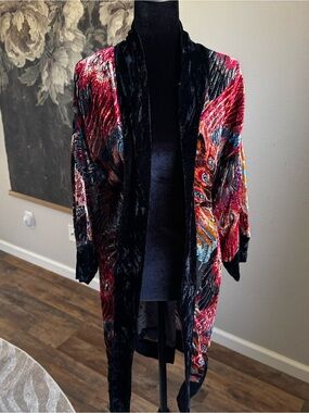 Chico's Black Velvet Open-Front Cardigan with Red & Multicolor Floral Panels